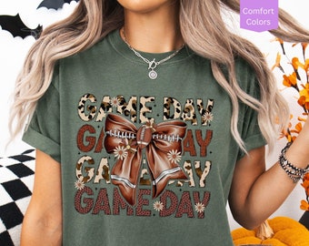 Comfort Colors® Football Coquette Shirt, Thanksgiving Football Bow Tshirt, Cute Game Day Outfit For Women, Coquette Football Season Tee