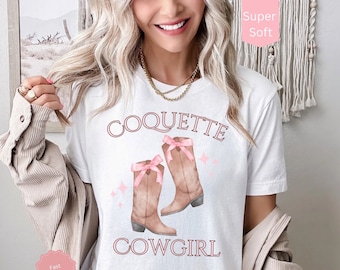Cowgirl Boots Shirt, Pink Bow TShirt, Western Graphic Tee for Women, Trendy Oversized Shirt, Cute Country Shirt, Coquette Pink Cowgirl Shirt