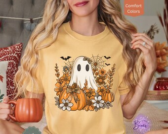 Retro Ghost Shirt, Vintage Floral Ghost Halloween Shirt, Flower Halloween Shirt, Cute Ghost Shirt, Retro Fall Shirt, Coquette Ghost T-Shirt