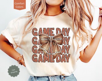 Comfort Colors® Football Coquette Shirt, Thanksgiving Football Bow Tshirt, Cute Game Day Outfit For Women, Coquette Football Season Tee