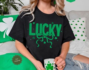 Lucky Shirt, St Patrick's Day Coquette Shirt, Irish Shirt, Cute St Patty's Bow Shirt, Shamrock Shirt, Shenanigans T-shirt, Green Bow Tee