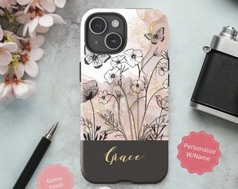 Personalized Floral Line Art Phone Case, Aesthetic Phone Case, Custom Wildflower Cell Phone Case with Name, Cute Phone Case Gift for Her