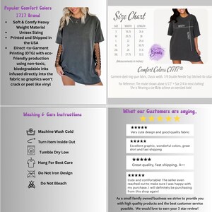 May include: A gray oversized t-shirt with the text "Comfort Colors C1717" and a size chart. The t-shirt is made of a soft, comfortable material and is available in a variety of sizes. The image also includes care instructions for the t-shirt.