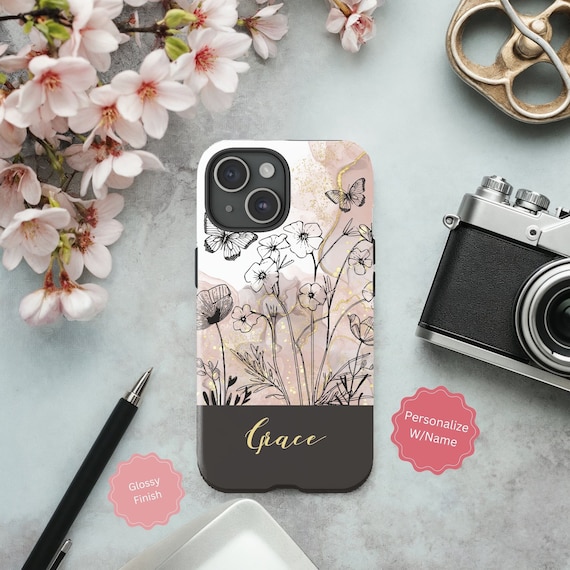 Personalized Floral Line Art Phone Case, Aesthetic Phone Case, Custom  Wildflower Cell Phone Case with Name, Cute Phone Case Gift for Her