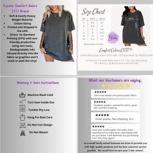 May include: A charcoal grey oversized t-shirt with short sleeves. The shirt is made of a soft, comfortable fabric and is printed with eco-friendly inks. The text "Comfort Colors C1717" is printed on the shirt. The shirt is shown on a model wearing it with a pearl necklace. The image also includes a size chart and care instructions.