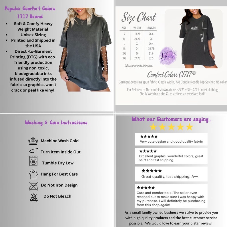 May include: A charcoal grey oversized t-shirt with short sleeves. The shirt is made of a soft, comfortable fabric and is printed with eco-friendly inks. The text "Comfort Colors C1717" is printed on the shirt. The shirt is shown on a model wearing it with a pearl necklace. The image also includes a size chart and care instructions.