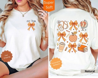 Teacher Fall Coquette Shirt, Teacher Appreciation Gift, Personalized Teacher Name Shirt, Custom Teacher Tee, Trendy Fall Teacher Bow Tshirt