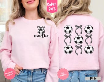 Coquette Soccer Mom Sweatshirt Personalized, Custom Soccer Sweatshirt w/Kid's Name, Soccer Mama Crewneck, Gameday Shirt, Sports Mama Gift
