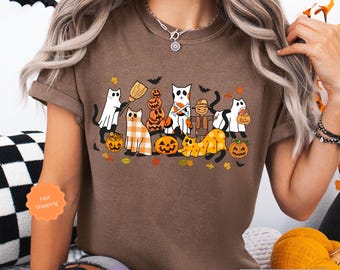 Comfort Colors® Сute Ghost Cat Shirt, Halloween Cat Shirt, Black Cat Shirt, Cat Lover Shirt, Fall Cat T-shirt, Funny Ghost Cat Shirt
