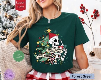 Sorta Merry Sorta Scary Christmas Shirt, Skeleton Xmas Tshirt, Holiday T-Shirt for Women, Spooky Christmas Shirt, Gift for Her, Festive Tee