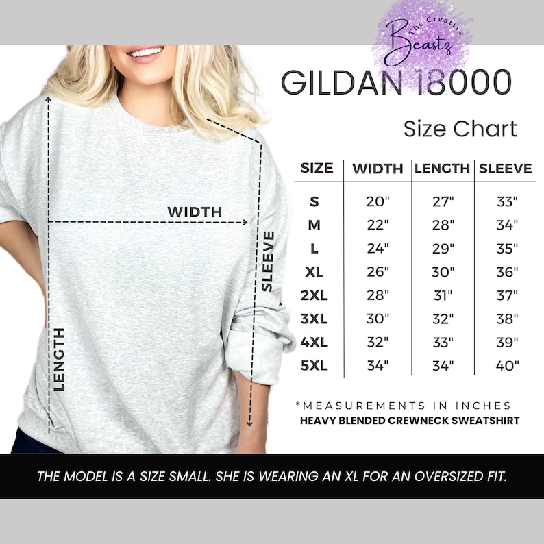 May include: A light gray Gildan 18000 heavy blended crewneck sweatshirt with a size chart. The chart shows measurements in inches for sizes S to 5XL. The model is wearing an XL for an oversized fit.