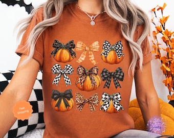 Comfort Colors® Fall Pumpkin Shirt, Cute Fall Tee, Pumpkin Fall T-Shirt, Coquette Bow Shirt, Pumpkin Bow Tshirt for Women, Autumn Shirt