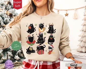 Christmas Cat Sweatshirt, Funny Black Cat Holiday Shirt, Christmas Sweater, Cat Lover Shirt, Cat Christmas Crewneck, Cat Owner Gift