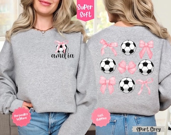 Personalized Coquette Soccer Mom Sweatshirt, Pink Bow Shirt, Custom Name Gameday Crewneck