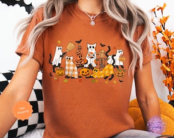 Comfort Colors® Сute Ghost Cat Shirt, Halloween Cat Shirt, Black Cat Shirt, Cat Lover Shirt, Fall Cat T-shirt, Funny Ghost Cat Shirt