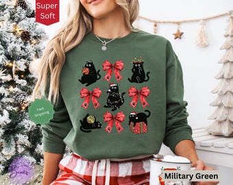 Coquette Christmas Cat Sweatshirt, Funny Black Cat Holiday Shirt, Christmas Sweater, Cat Lover Shirt, Cat Christmas Crewneck, Cat Owner Gift