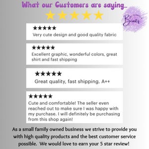 May include: Five-star customer reviews for a small family-owned business. The reviews highlight the quality of the products, the speed of shipping, and the excellent customer service. The text reads "What our Customers are saying..." and "As a small family owned business we strive to provide you with high quality products and the best customer service possible. We would love to earn your 5 star review!"