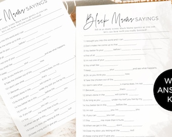 Printable Black Mom Sayings Baby Shower Game Bingo, Black Mama Games, Iconic Phrases, Baby Shower Activity, Black Moma Humor, CANVA Download