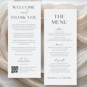 Wedding Menu and Thank You Card Canva Template, Editable Welcome Bag Place Cards with QR Code Printable Templates Canva DIY Digital Download