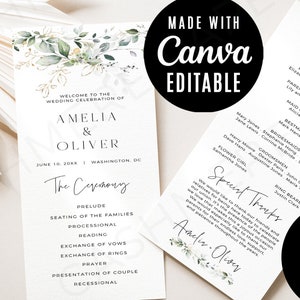 Puede incluir: Una plantilla de programa de ceremonia de boda imprimible con un diseño floral de acuarela en tonos verdes y dorados. El texto incluye los nombres Amelia y Oliver, la fecha 10 de junio de 20XX y la ubicación Washington, DC. El programa de la ceremonia incluye el orden de los eventos, como el preludio, la ubicación de las familias, la procesión, la lectura, el intercambio de votos, el intercambio de anillos, la oración, la presentación de la pareja y la recesión. El programa también incluye una sección para agradecimientos especiales y una lista de la fiesta de bodas. La plantilla está disponible en dos tamaños.