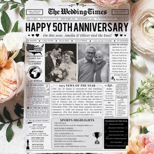 Journal du 50e anniversaire, cadeau pour les parents, anniversaire d'or, photos de mariage, modèles d'infographie de journaux, téléchargement sur toile, cadeau pour couple