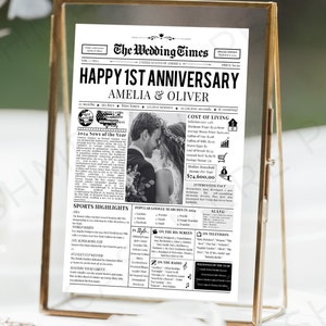 Plantilla de periódico para aniversario de pareja, publicación de bodas, foto sensacionalista editable de 2024 para regalo de primera boda en pareja, descarga Canva