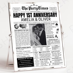 Newspaper Template for Anniversary, 1st Wedding Year for Couples 2024 Back In Time News, The Wedding Post Photo Printable Canva DIY Download