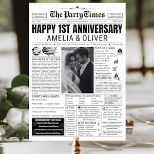 First Wedding Anniversary Newspaper Template, Anniversary Newspaper Canva, Tabloid Sign Template, Custom Photo Wedding Infographic Printable