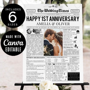 1 Year Anniversary Photo Newspaper, Couples Anniversary Newspaper Template, Modern Wedding Anniversary Sign Infographic, Canva Custom Photo