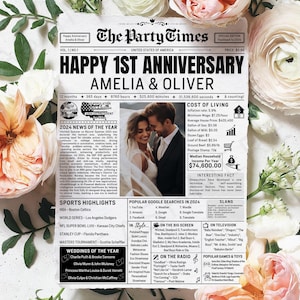 First Anniversary Newspaper, New Couple 2025 Anniversary with Picture Infographic Template Page Printable Self Edit Canva Digital Download