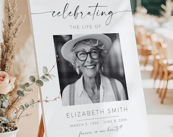 Square Memorial Photo Personalized Funeral Welcome Sign, Celebration of Life Minimalist Large Picture Poster Print + Shipped Signage