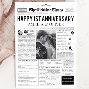 1st Anniversary Newspaper, Couples Modern Wedding First Year Tabloid Printable Gift for Husband and Wife Canva Digital Download