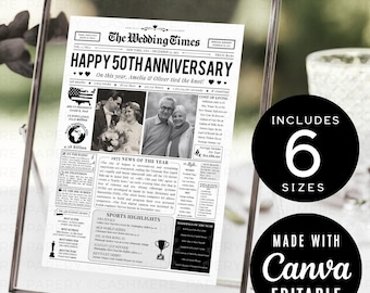 Regalos del 50.° aniversario para padres, plantilla de cartel de periódico enmarcado para aniversario de bodas de oro, regalo personalizado para abuelos