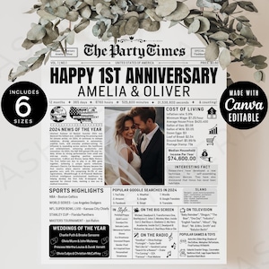 1st Anniversary Newspaper, First Wedding Year Infographic Download with Newlyweds Custom Photo, The Wedding Post Anniversary Template Canva