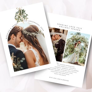 Cartão de Natal Boho Arch, cartão de foto de Natal para recém-casados, casados e alegres, arco verde, para impressão, editável, novo Sr. e Sra., fotos de saudação