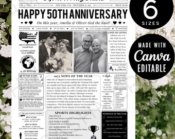 50th Anniversary Gift Newspaper, Couples Fifty Year Anniversary Editable Sign Canva Template, Tabloid Poster Printable Gift Digital Download