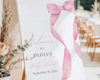 Pink Bow Personalized Baby Shower Welcome Sign: Ribbon Coquette Printed Foam Board Reception Decor for Pregnant Expecting Moms
