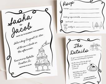 Hand Drawn Wedding Invitation Suite, Squiggle Illustrated Wedding Invite, Editable Hand Drawn Fun Wedding Invitation Set Template, CANVA