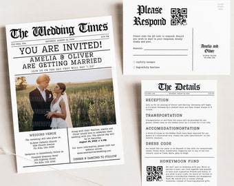Newspaper Wedding Invitations Template, Editable Unique Wedding Invite, Rsvp Card Qr Code, Canva Wedding Invite, Modern Wedding Invitation