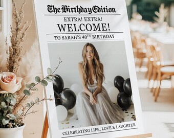 Birthday Newspaper Personalized Welcome Sign, Custom Newspaper Bday Poster Printed Foam Board Decor