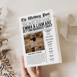 May include: A wedding announcement printed to look like a newspaper with a photo of the couple and the text "The Wedding Post, The Best Day Ever! Emma & Liam Are Getting Married Today".