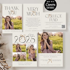 Graduation Bundle Class of 2025, Editable Canva Templates for Grad Announcement Thank You Card, College Fund QR Card, Photo Graduation Cards