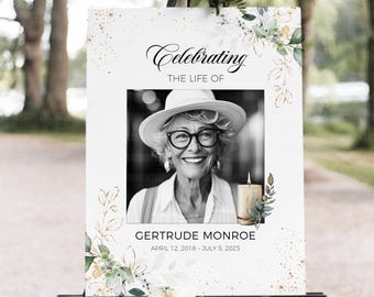 Eucalyptus Funeral Welcome Sign, Printable Funeral Sign with Photo, Greenery Eucalyptus Funeral Decor, Editable Memorial Poster Size, CANVA