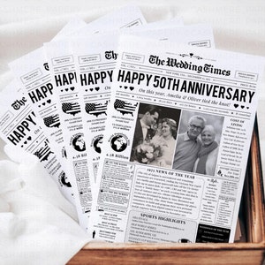 50周年結婚記念新聞（編集可能な写真付き）Canva、1975年結婚の金婚式両親へのパーソナライズギフトCanva DIY