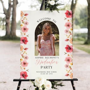 Wildflower Graduation Welcome Sign With Photo, Hot Pink and Orange Graduation Welcome Sign Template, Grad Welcome Sign Pink Flowers, CANVA