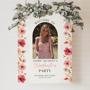 Editable Graduation Welcome Poster with Photo, Pink Orange Floral Design, Wildflower Grad Party Sign Template, Instant Download, CANVA