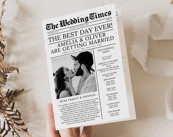 Newspaper Wedding Program Foldable | 4 page Canva Template | Wedding Word Search | Editable Newspaper Ceremony Program