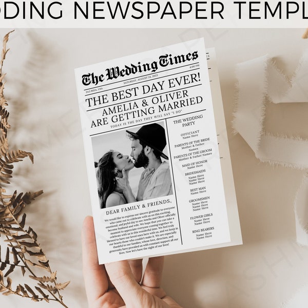 Newspaper Wedding Program Foldable | 4 page Canva Template | Wedding Word Search | Editable Newspaper Ceremony Program