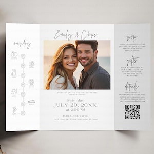 Gatefold Invitation Template, Editable Ceremony Timeline RSVP Gifts Details QR Code and Trifold Photos Wedding Printables, Canva Invite DIY
