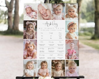 Może przedstawiać: Ozdobny znak przedstawiający kolaż zdjęć małej dziewczynki, Ashley, z napisem "My First Year". Znak zawiera zdjęcia dziecka w różnym wieku, wraz ze szczegółami, takimi jak wzrost, waga i pierwszy ząb.